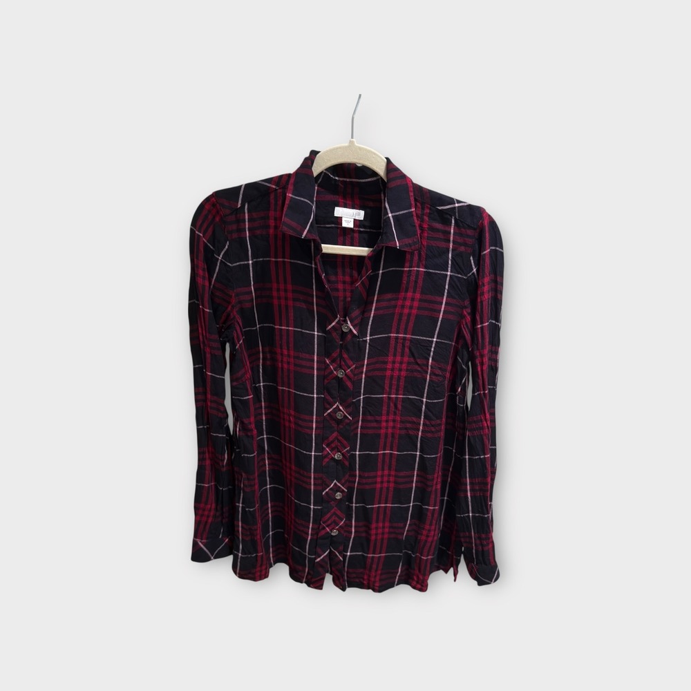 J Jill Womens Size S Black Red Plaid Long‎ Sleeve Button Down Flannel Shirt
